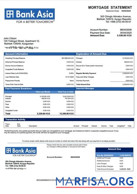 Printable Kyrgyzstan Bank of Asia mortgage statement Word and PDF template